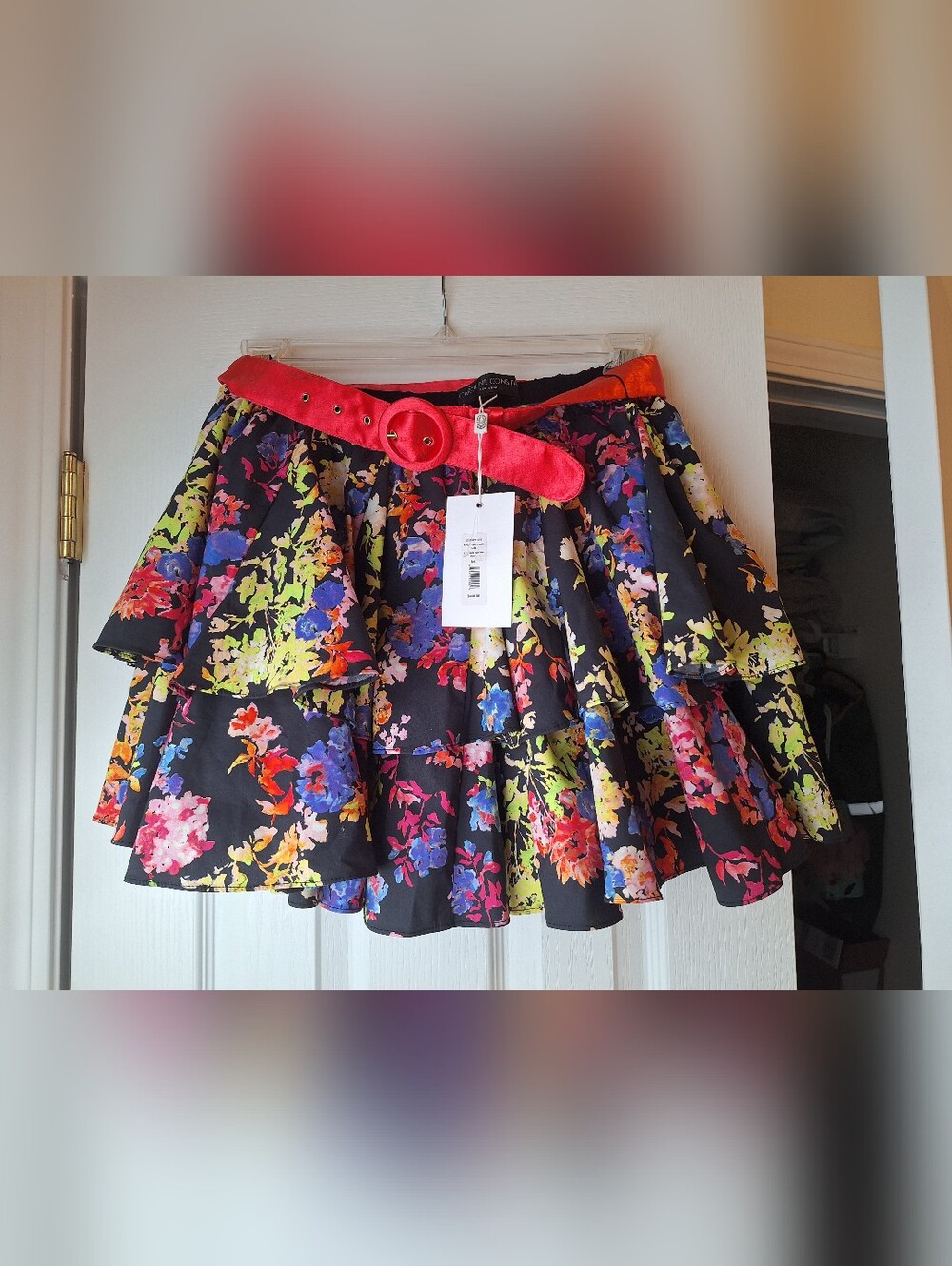 Caroline Constas Floral Tiered Mini Skirt with Red Belt